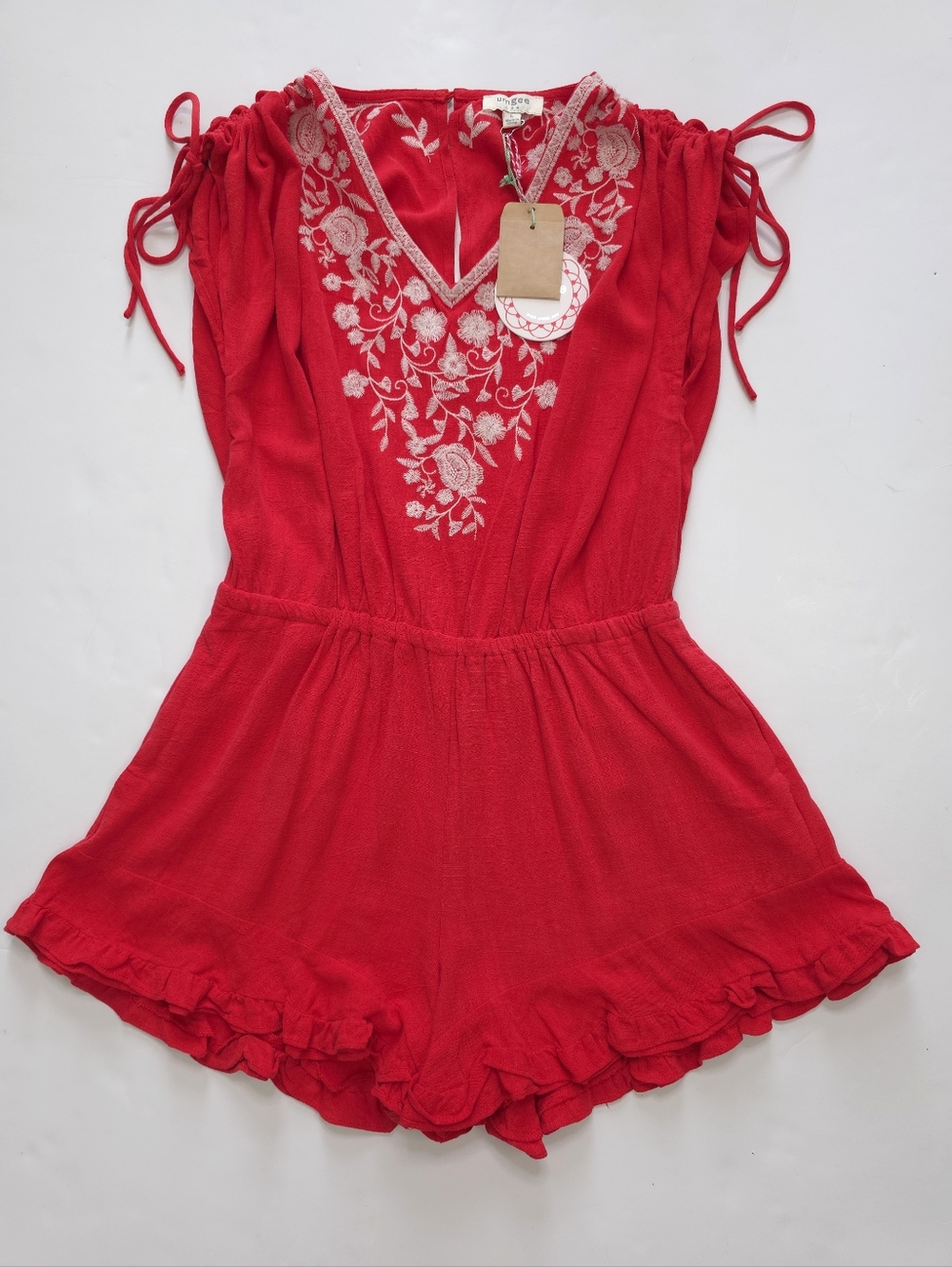Umgee Linen Blend Embroidered Romper Red and Beige Ruffle Hem Sizes Med and L